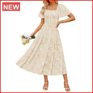Polyester Summer Boho Floral Midi Dress Casual Short Sleeve Square Neck